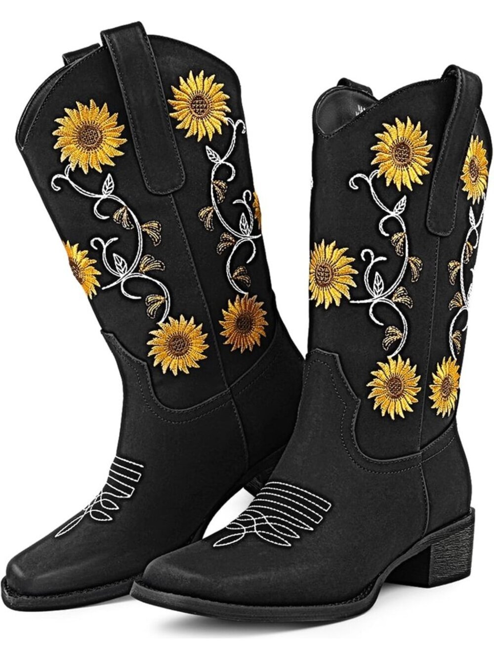 Women’s Black Faux Fur Square Toe Cowboy Mid-Calf Sunflower Embroidery Heel - Picture 5 of 5